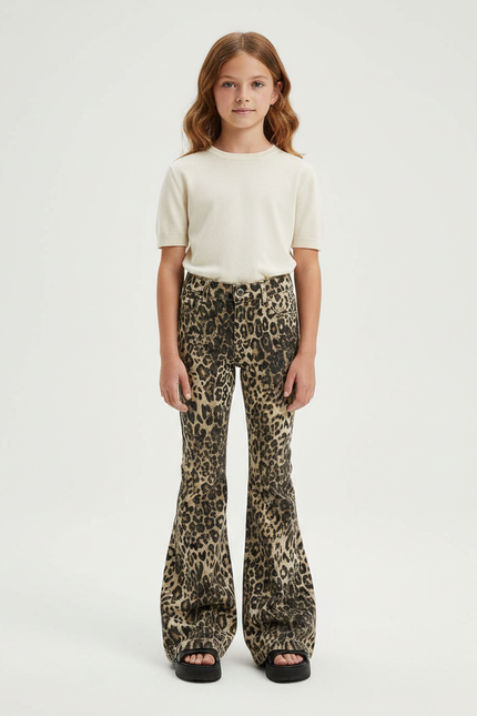 Pantalon Léopard Évasé Imprimé Marron Taille Haute - Jean