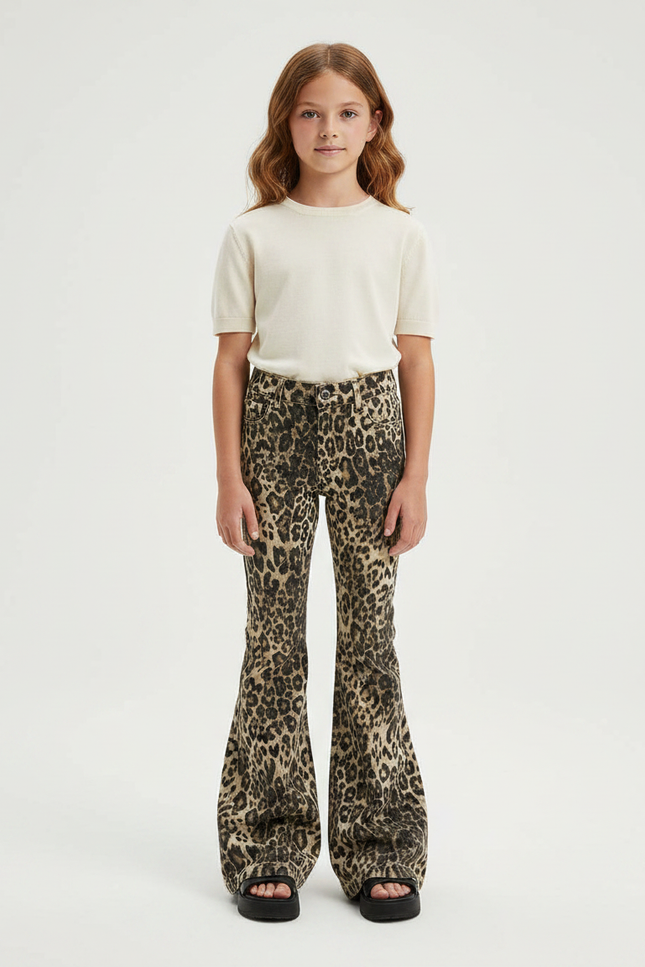 Pantalon Léopard Évasé Imprimé Marron Taille Haute - Jean