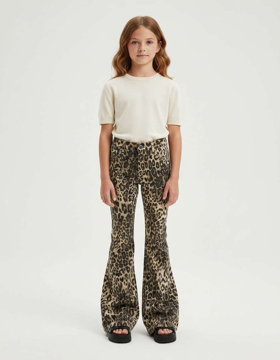 Pantalon Léopard Évasé Imprimé Marron Taille Haute - Jean