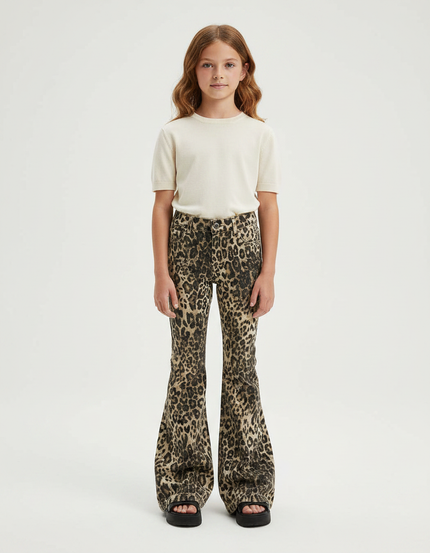 Pantalon Léopard Évasé Imprimé Marron Taille Haute - Jean