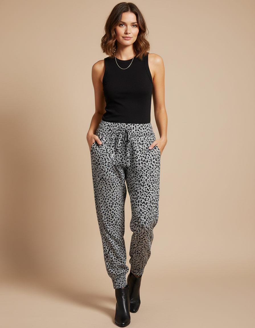 Pantalon Léopard Gris Ample Imprimé Décontracté Fluide - Molleton