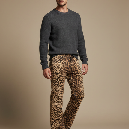 Pantalon Léopard Homme Imprimé Ample Marron Décontracté - Coton