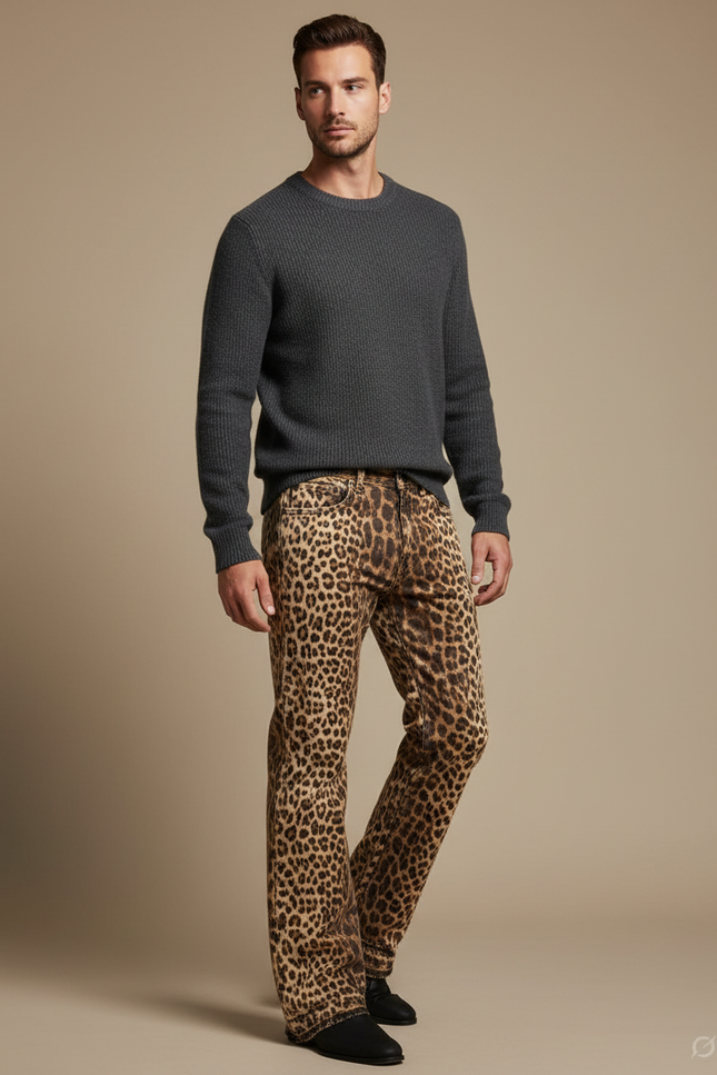 Pantalon Léopard Homme Imprimé Ample Marron Décontracté - Coton