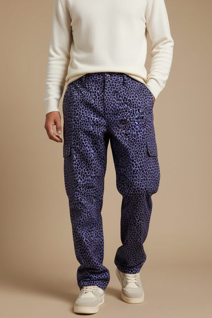 Pantalon Léopard Violet Cargo Ample Imprimé Homme - Coton
