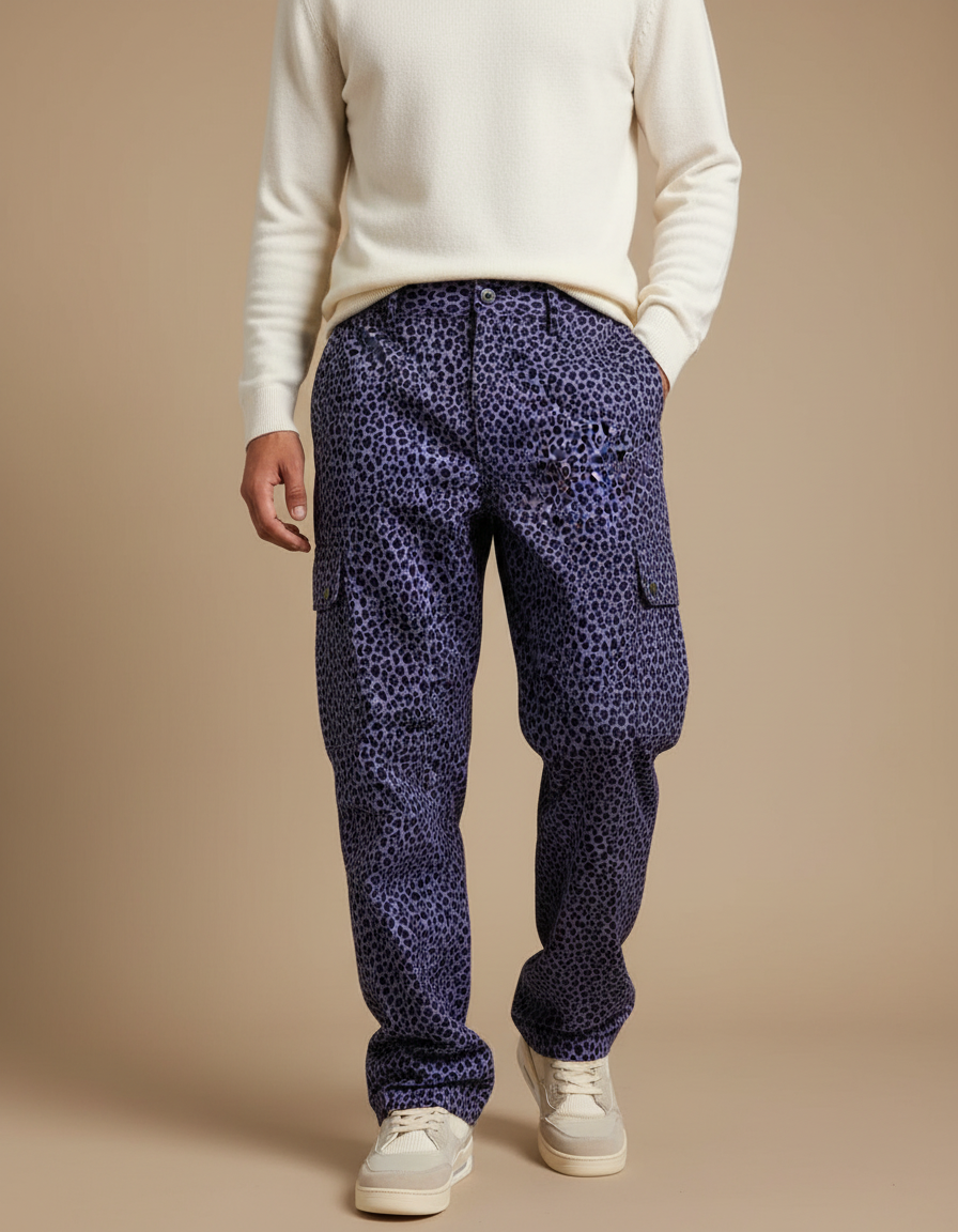 Pantalon Léopard Violet Cargo Ample Imprimé Homme - Coton