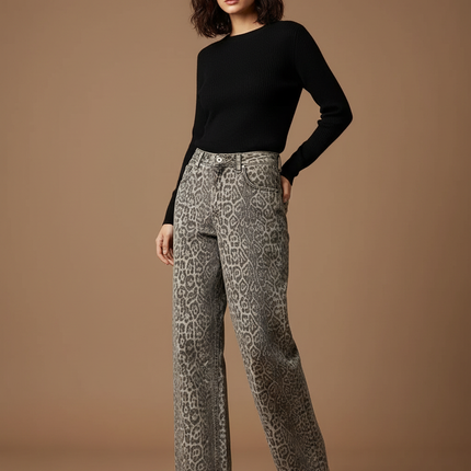 Pantalon Léopard Jean Ample Délavé Femme - Imprimé
