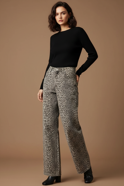 Pantalon Léopard Jean Ample Délavé Femme - Imprimé