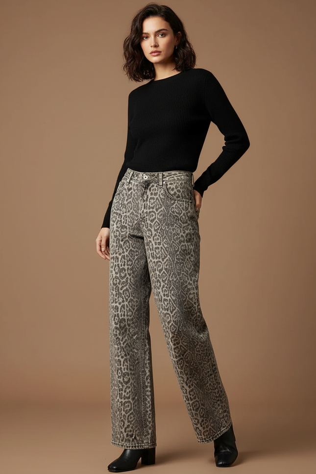 Pantalon Léopard Jean Ample Délavé Femme - Imprimé