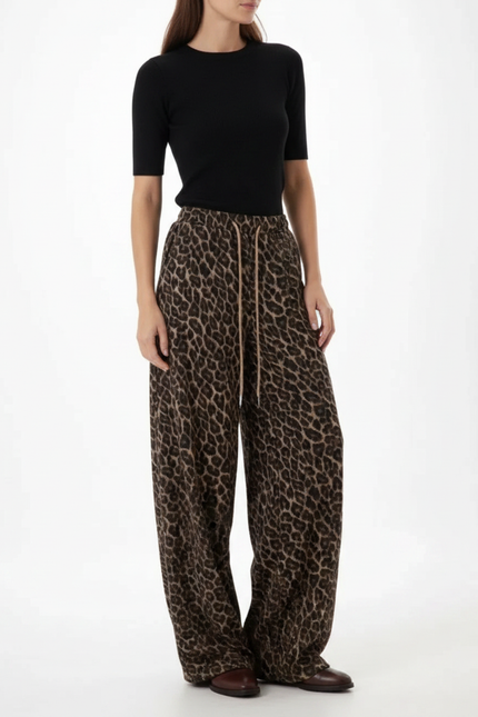Pantalon Léopard Ample Marron Imprimé Molletonné Décontracté