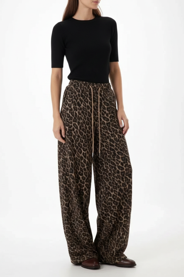 Pantalon Léopard Ample Marron Imprimé Molletonné Décontracté