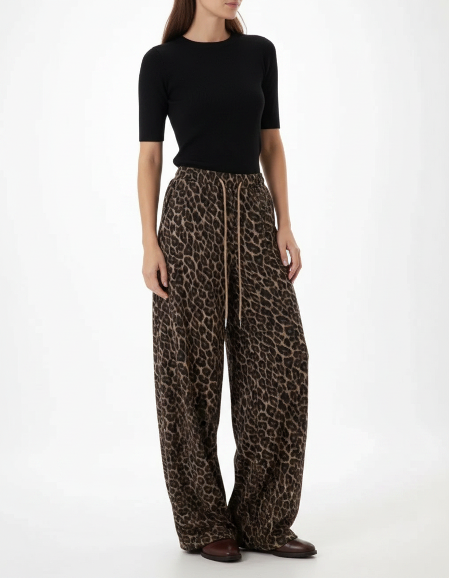 Pantalon Léopard Ample Marron Imprimé Molletonné Décontracté