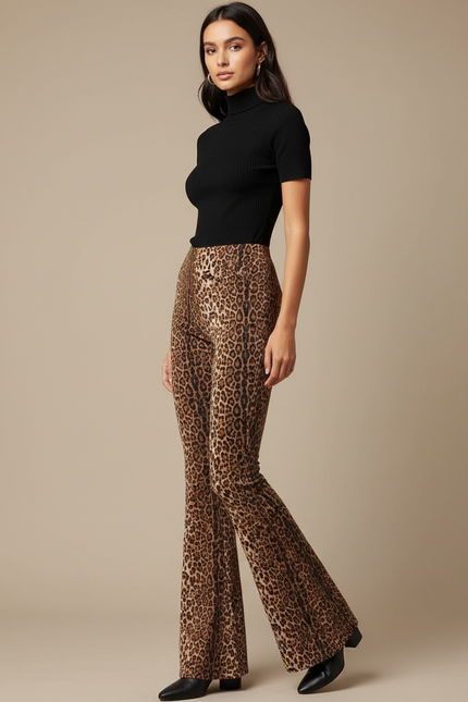 Pantalon Léopard Évasé Imprimé Marron Ajusté Sexy - Maille