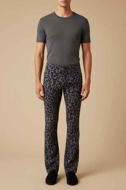Pantalon Léopard Gris Évasé Imprimé Animal Homme - Maille