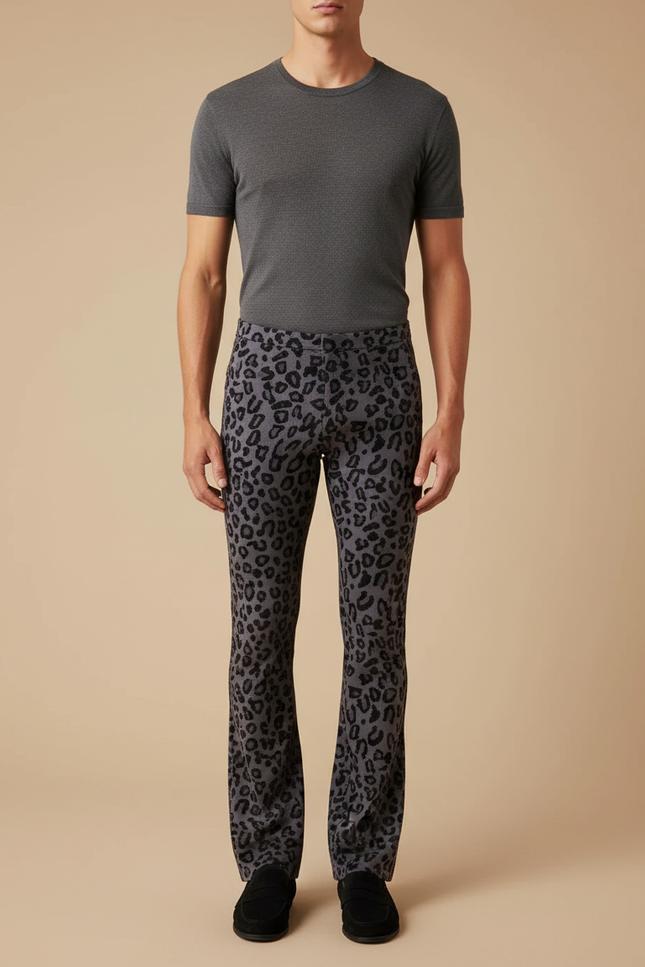 Pantalon Léopard Gris Évasé Imprimé Animal Homme - Maille