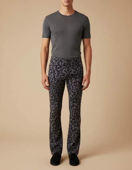 Pantalon Léopard Gris Évasé Imprimé Animal Homme - Maille