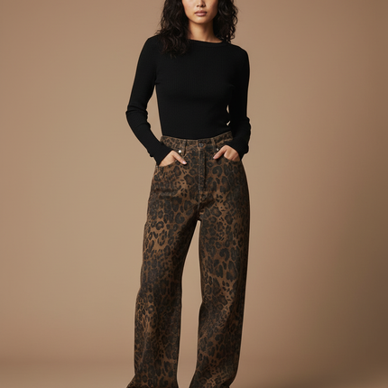 Pantalon Léopard Marron Imprimé Ample Denim Large Y2K - Jean