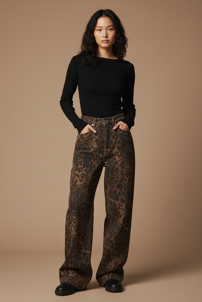 Pantalon Léopard Marron Imprimé Ample Denim Large Y2K - Jean