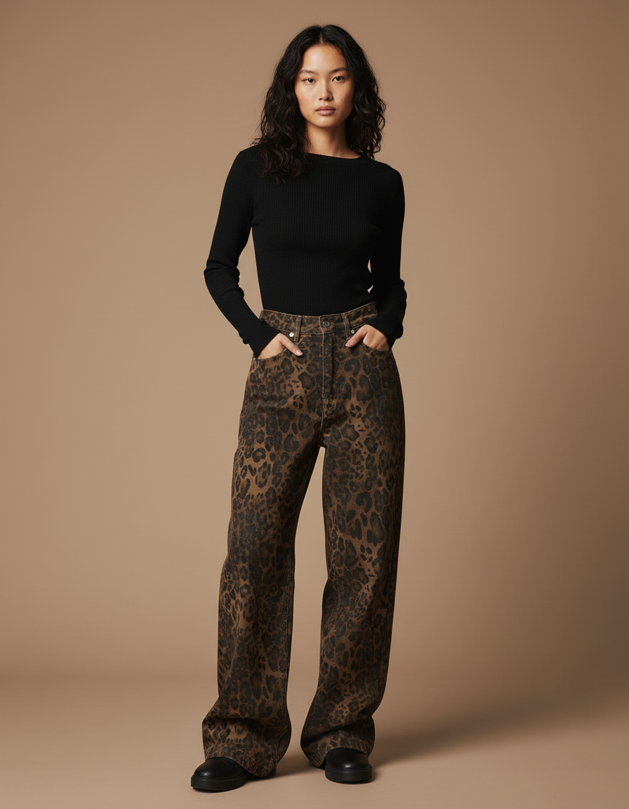 Pantalon Léopard Marron Imprimé Ample Denim Large Y2K - Jean