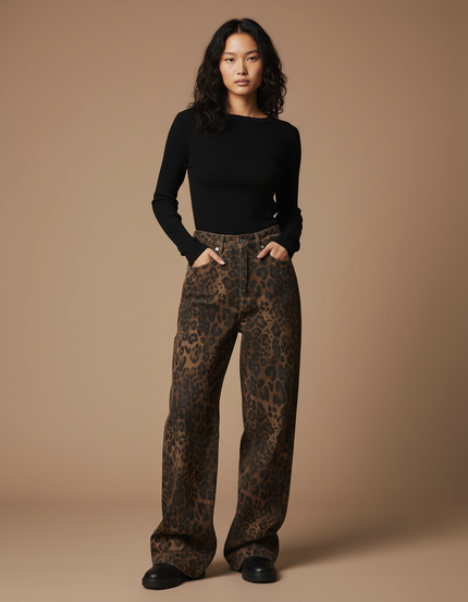 Pantalon Léopard Marron Imprimé Ample Denim Large Y2K - Jean
