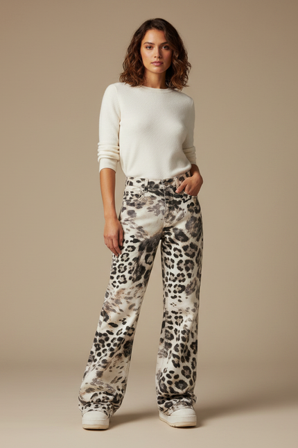 Pantalon Léopard Ample Imprimé Délavé Vintage Streetwear - Jean
