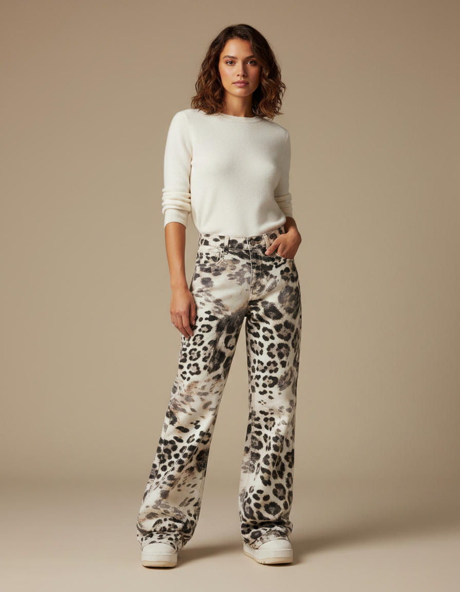 Pantalon Léopard Ample Imprimé Délavé Vintage Streetwear - Jean