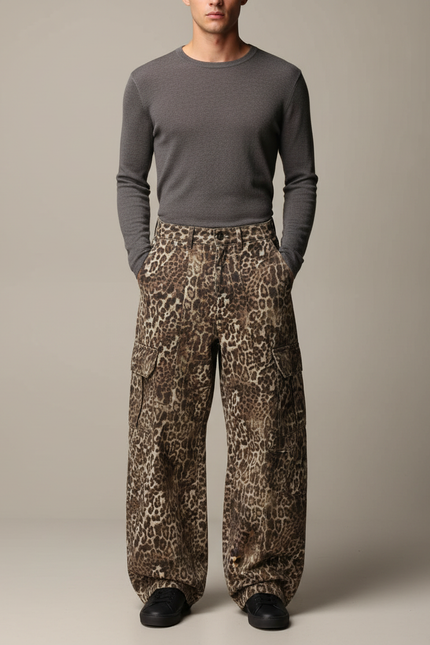 Pantalon Léopard Cargo Ample Imprimé Marron Streetwear - Toile