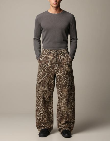 Pantalon Léopard Cargo Ample Imprimé Marron Streetwear - Toile