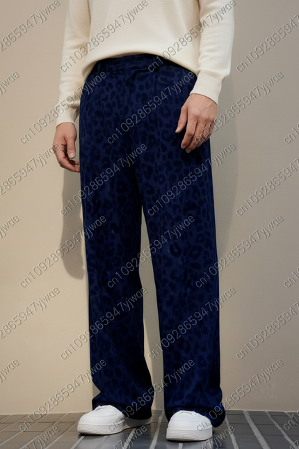 Pantalon Léopard Velours Bleu Marine Ample Décontracté