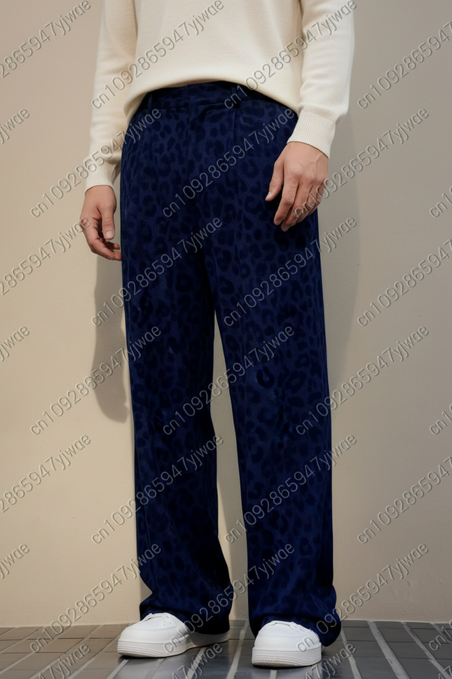 Pantalon Léopard Velours Bleu Marine Ample Décontracté