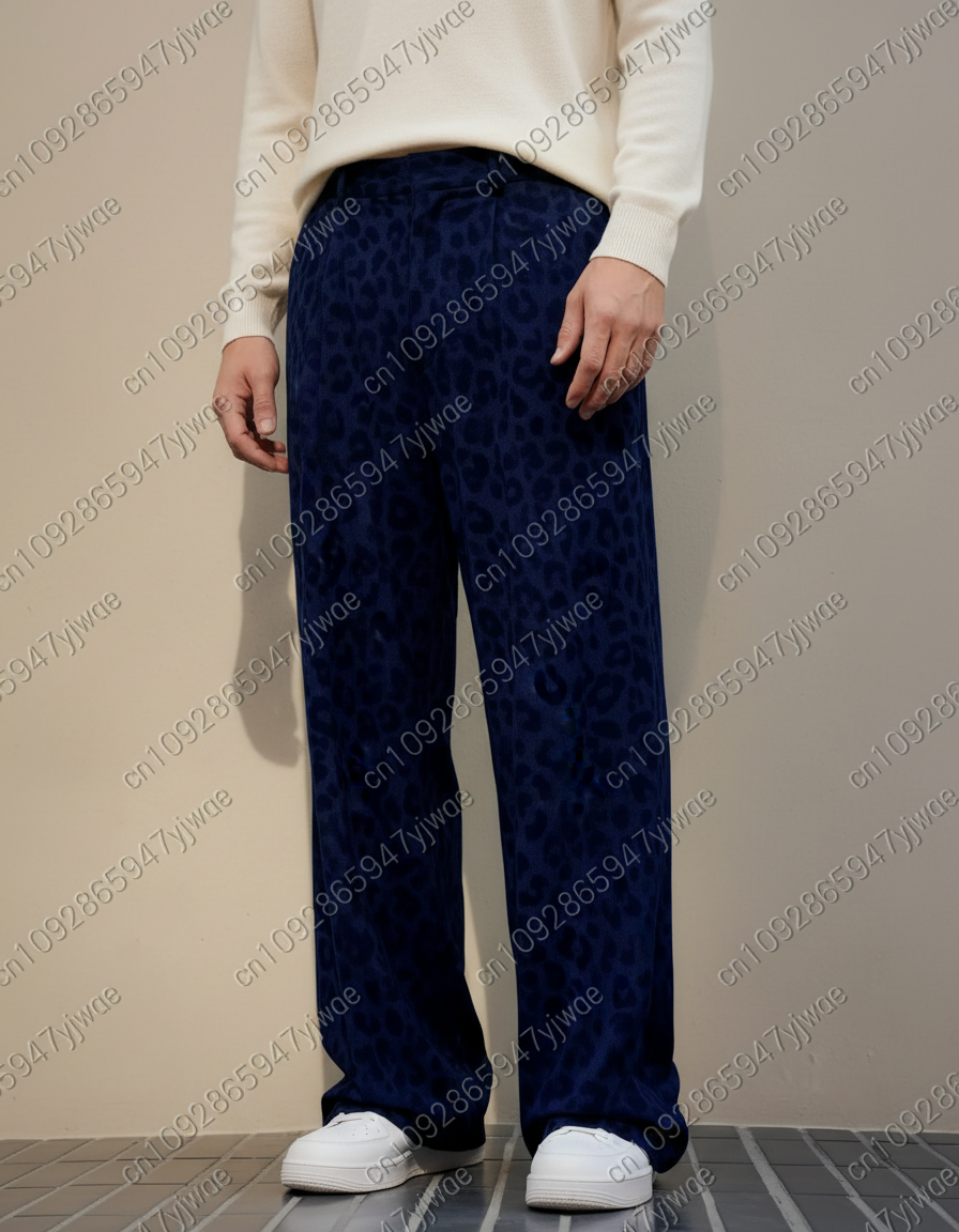 Pantalon Léopard Velours Bleu Marine Ample Décontracté