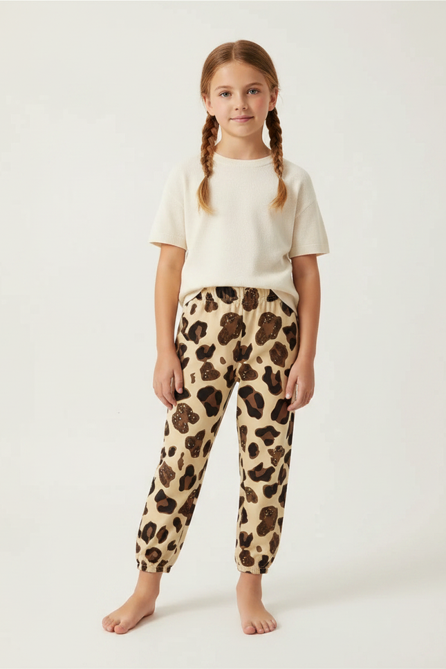 Pantalon Léopard Enfant Imprimé Marron Beige Confortable Fluide - Molleton