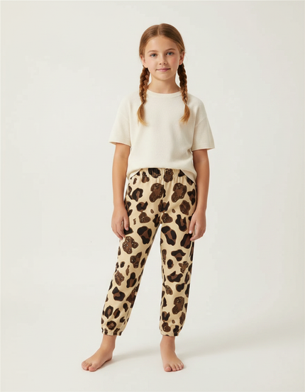 Pantalon Léopard Enfant Imprimé Marron Beige Confortable Fluide - Molleton