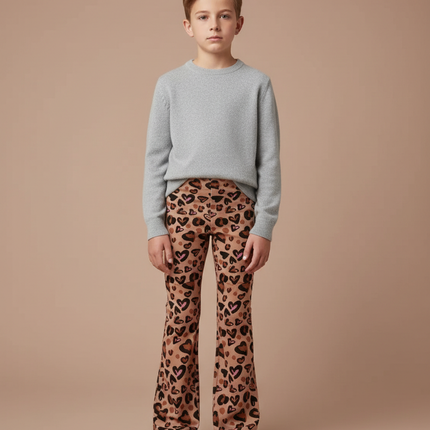 Pantalon Léopard Enfant Évasé Cœurs Marron Imprimé - Maille