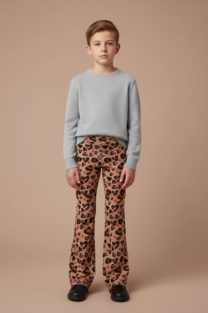 Pantalon Léopard Enfant Évasé Cœurs Marron Imprimé - Maille