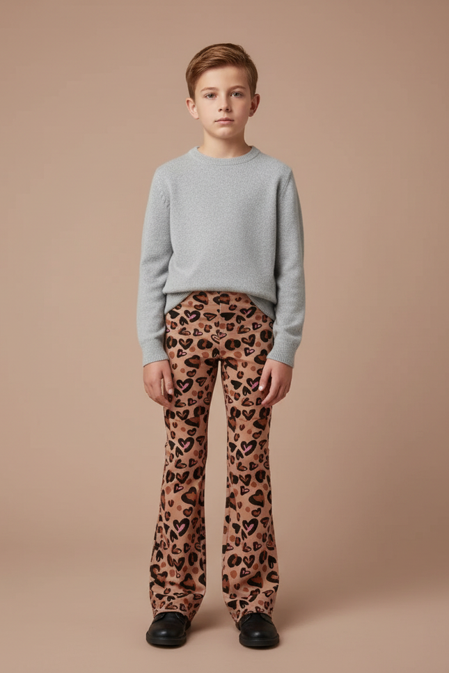 Pantalon Léopard Enfant Évasé Cœurs Marron Imprimé - Maille