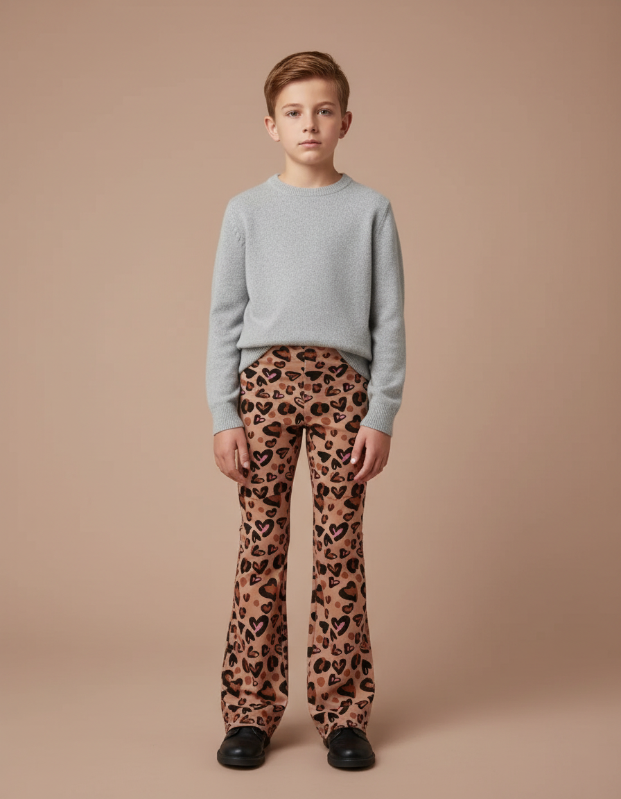 Pantalon Léopard Enfant Évasé Cœurs Marron Imprimé - Maille