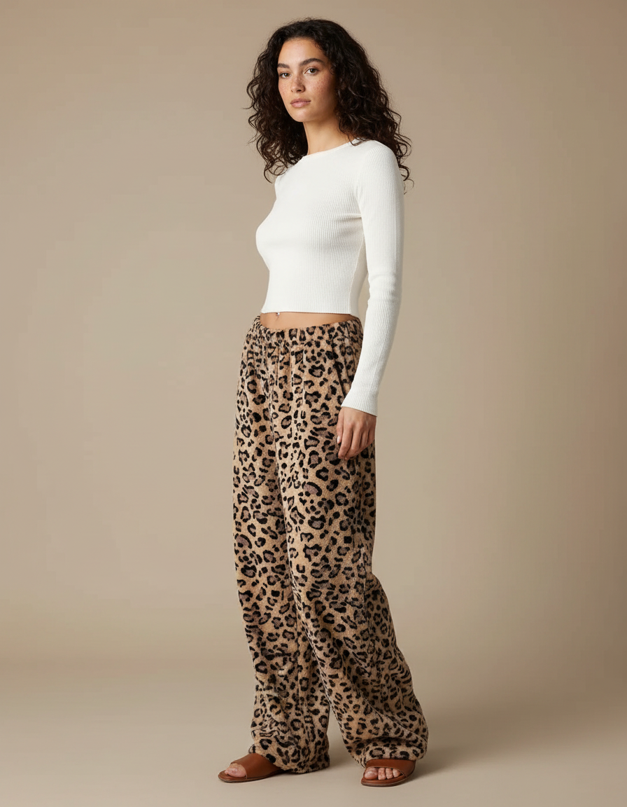 Pantalon Léopard Marron Ample Imprimé Doux Fluide - Molleton