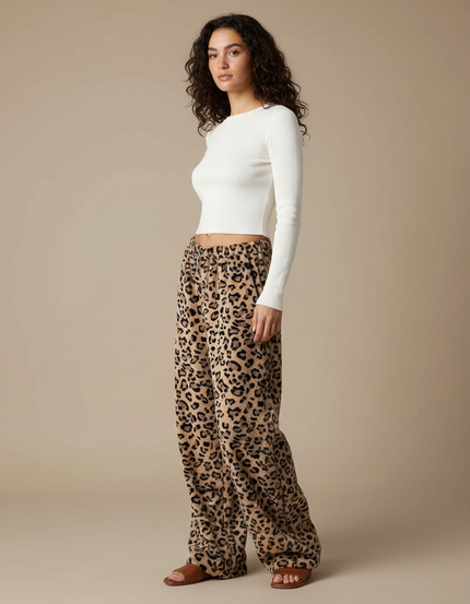 Pantalon Léopard Marron Ample Imprimé Doux Fluide - Molleton