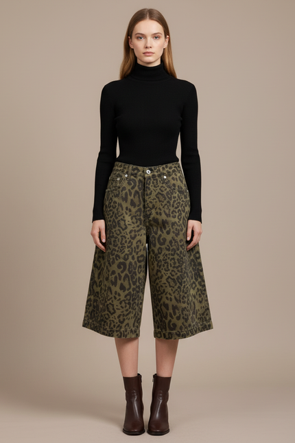Pantalon Léopard Vert Ample Imprimé Streetwear Femme - Kaki Jean