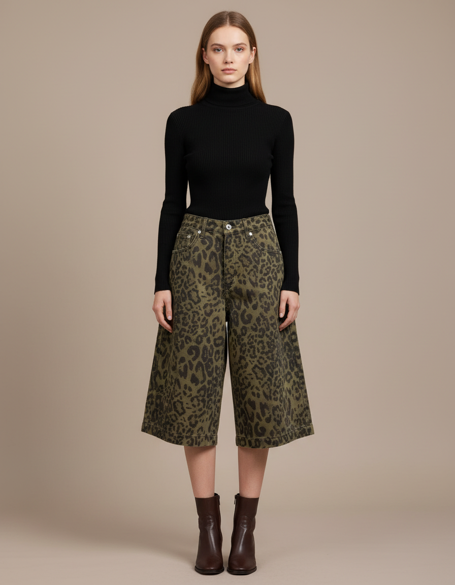 Pantalon Léopard Vert Ample Imprimé Streetwear Femme - Kaki Jean