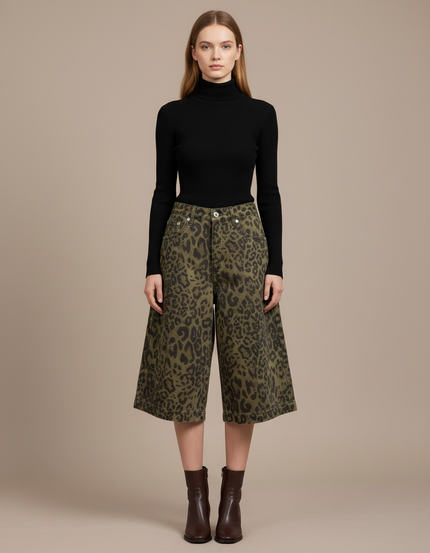 Pantalon Léopard Vert Ample Imprimé Streetwear Femme - Kaki Jean