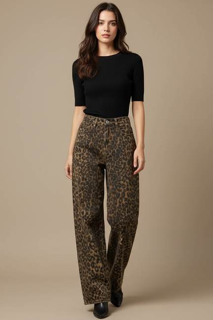 Pantalon Léopard Jean Ample Vintage Marron Femme