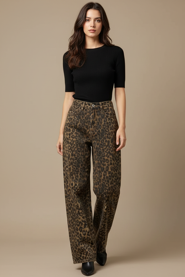 Pantalon Léopard Jean Ample Vintage Marron Femme