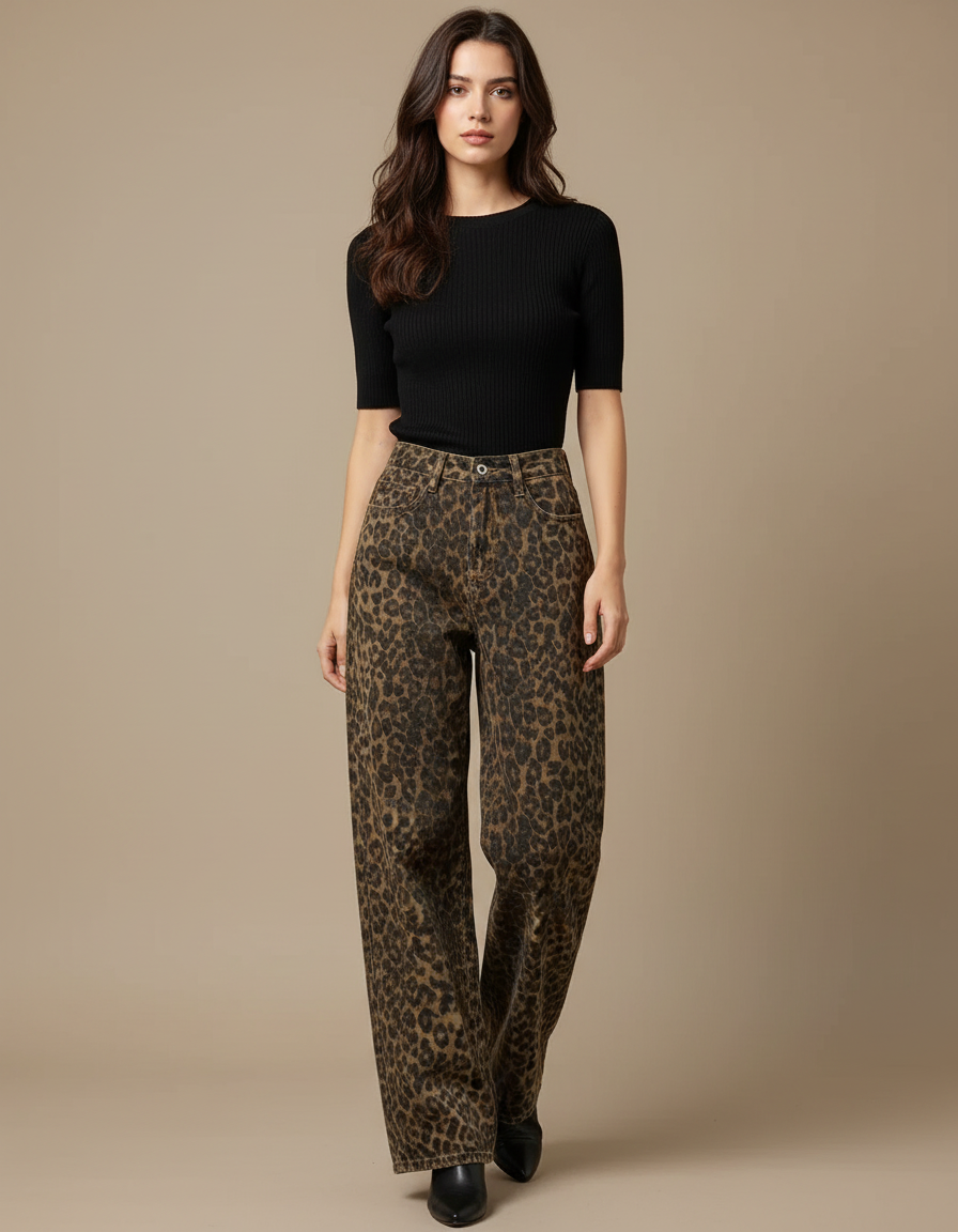 Pantalon Léopard Jean Ample Vintage Marron Femme