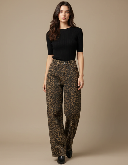 Pantalon Léopard Jean Ample Vintage Marron Femme