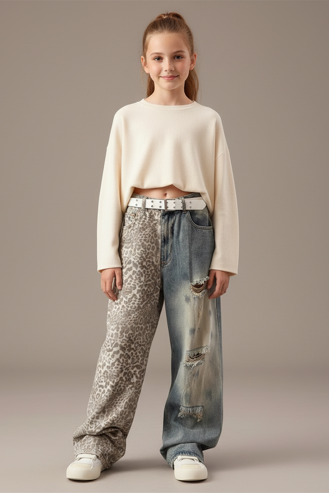 Pantalon Léopard Ample Gris Imprimé Délavé Déchiré - Jean