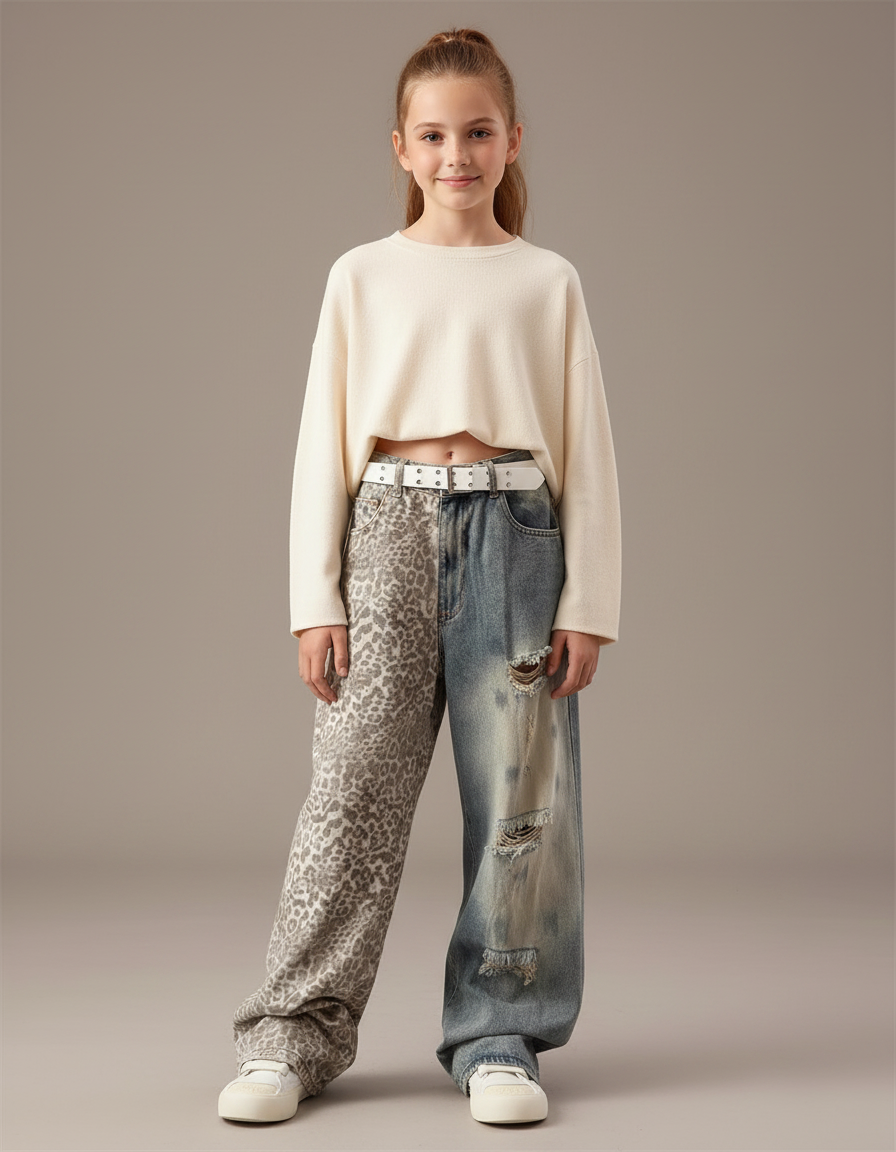Pantalon Léopard Ample Gris Imprimé Délavé Déchiré - Jean