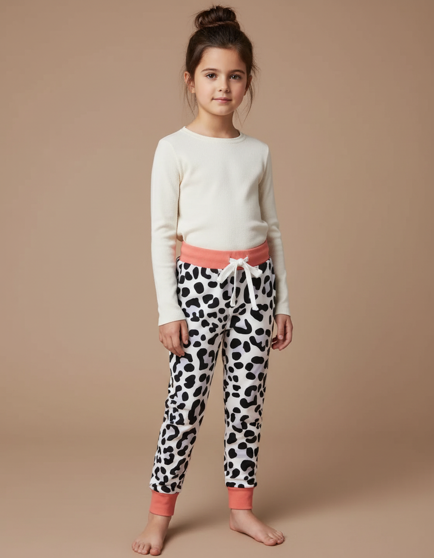 Pantalon Léopard Enfant Blanc Noir Confortable Coton - Imprimé Molleton