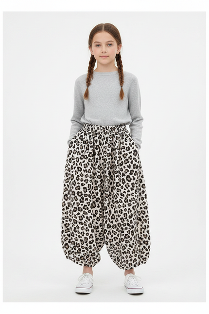 Pantalon Léopard Ample Imprimé Noir Blanc Fluide Fille - Viscose