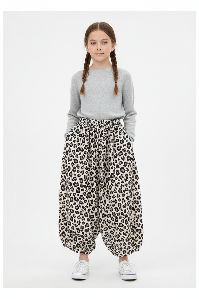 Pantalon Léopard Ample Imprimé Noir Blanc Fluide Fille - Viscose